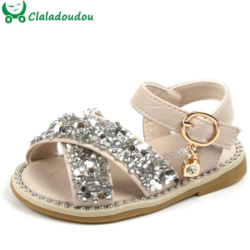 11.5-15.5cm Baby Bling Shoes Girl Baby Sandals Infant Beige Sequin Rhinestone Summer Sandals Kid Girls Princess Party Dress Shoe