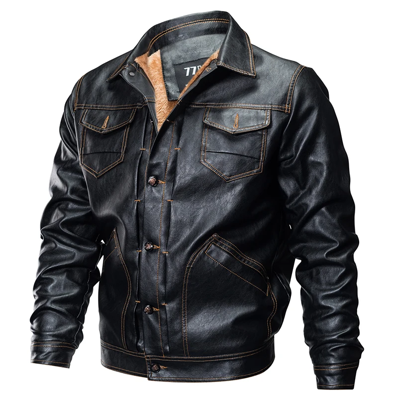 

Winter Warm Men's Motorcycle Leather Jacket Autumn Casual Luxury Fleece Coats Military Multi-Pocket Pilot PU Leather Jacket 5XL