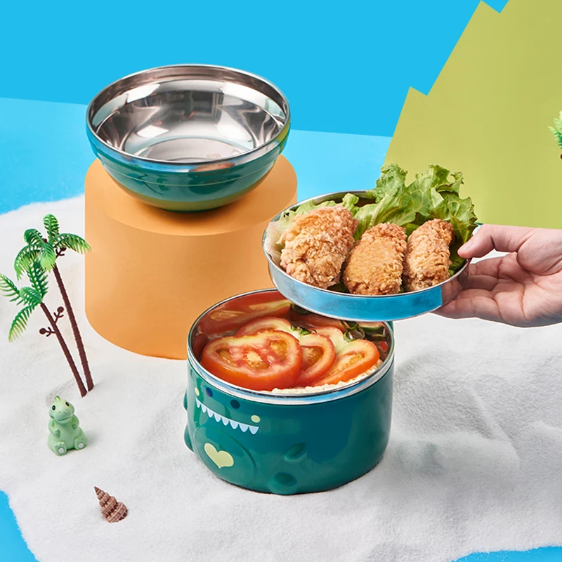 900/1200ml Cute Duck Ramen Bowl With Lid Stainless Steel Kawaii Double-layer Kitchen Noodle Salad Fruit Rice Soup Bowl Tableware