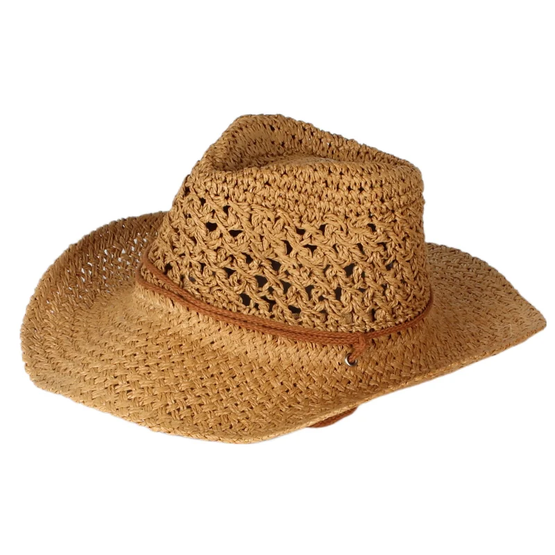 

Solid Color Western Cowboy paper Hats Hollow Outdoor Breathable Hand Knitted sunshade Straw Hat for men women