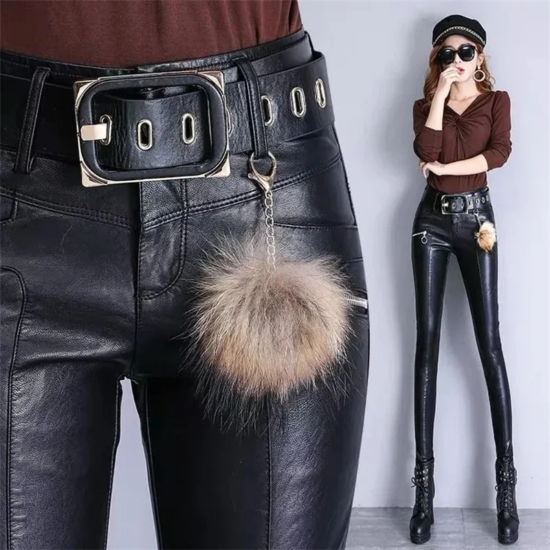 Velvet/No Velvet Leather Pants Women 2022 High Waist Autumn Winter Outer Wear PU Leather Tight-Fitting Pencil Pants Trouser