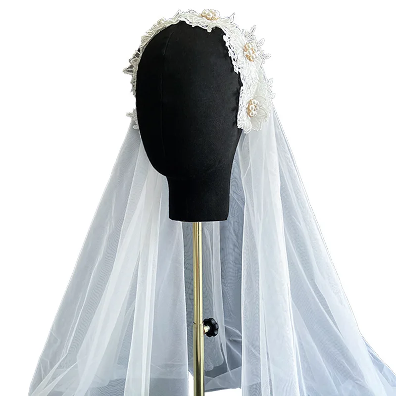 Bridal Veil short Single-layer Satin Pearl Cloth Edging Round Wedding Dress Headdress White New design veil 2021