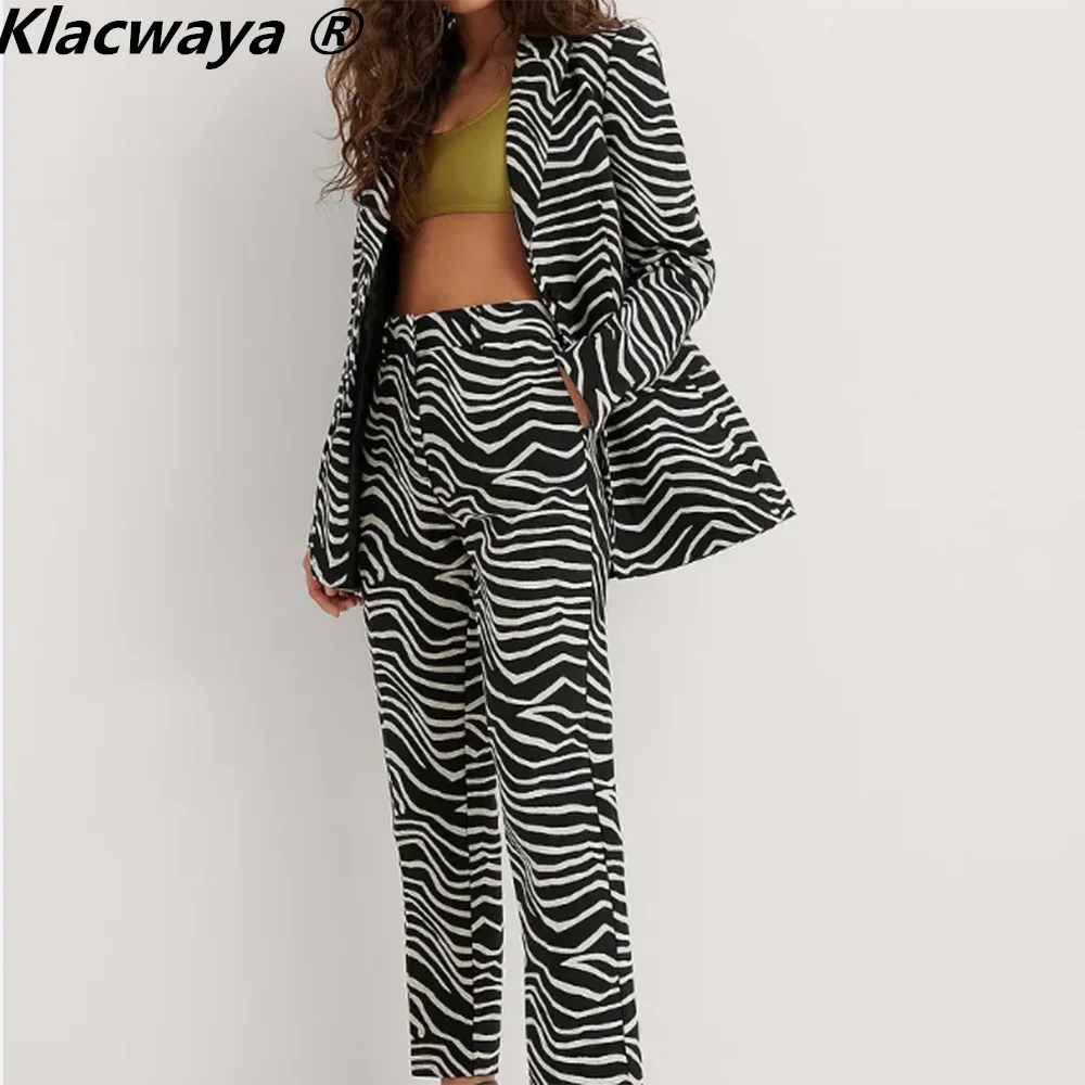 Klacwaya Women Suit Zebra Printing Set Woman 2 Pieces Single Button Blazer Sets With Pants Female Casual Trouser Suits