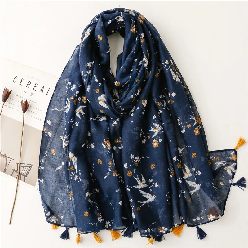 

2021 Fashion Small Flower Print Tassel Scarf Shawls Long Swallow Print Head Wrap Scarves Free Shipping
