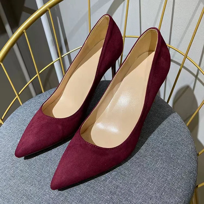 Heelgoo Burgundy stado kobiety Pointy Toe klasyczne szpilki formalne buty eleganckie damskie wino czerwone zamszowe czółenka na szpilkach rozmiar