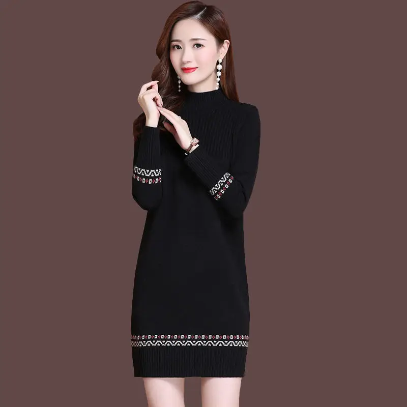 Fdfklak Warm Woolen Sweater Dress Women\'s Fall/Winter Long Sweater Thicken Half High Neck Knitted Bottoming Shirt Pull Femme