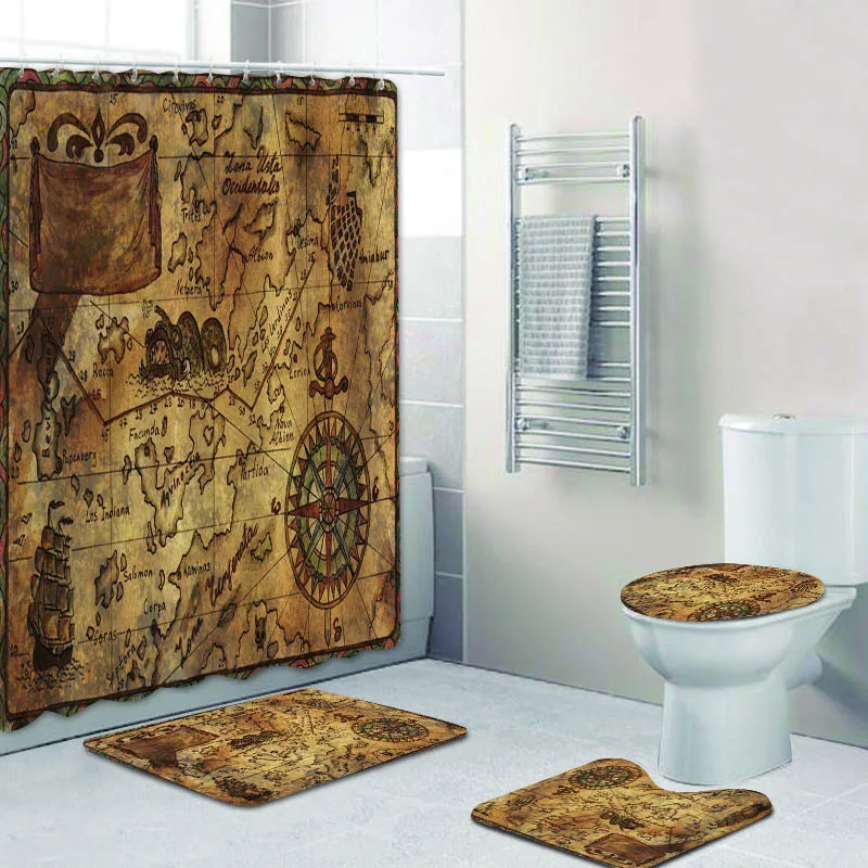 Fantasy Old World Map Pirate Adventure Shower Curtains for Bathroom Home Decor Medieval Compass Vintage Bath Curtain and Rug Set