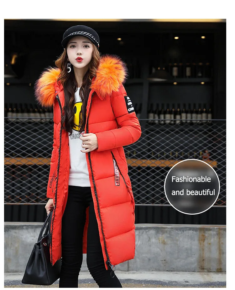 2025 Women's Down Parkas Winter Jacket Big Fur Collar Thick Slim Coat Fashion Hooded Cotton Outerwear Long Winter Woman Coat