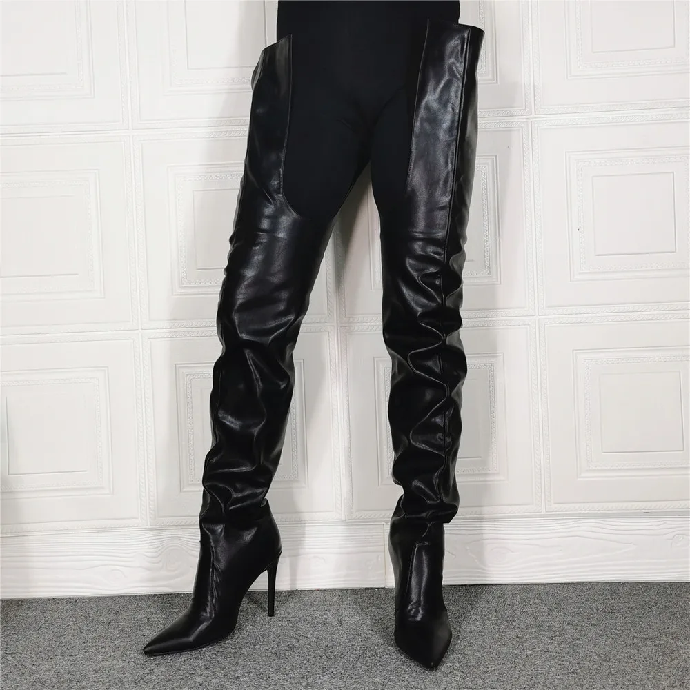 

Latex Ins Over The Knee High Boots Black Thin Heels Sexy Crotch Pointed Toe Party Botas Mujer Ladies Shoes Woman Size45 46 47