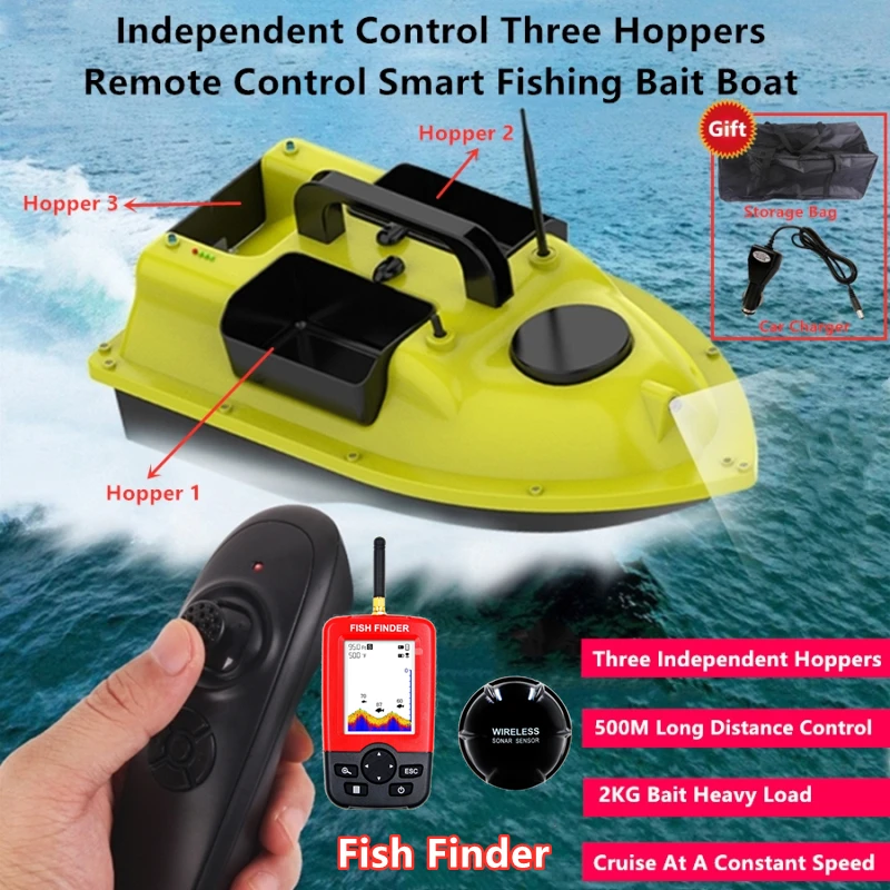 Professional 3 Hoppers Intelligent RC Fishing Bait Boat Cruise 2KG Loading 500M Sonar Fish Finder Sea River Fishing Tool RC Boat