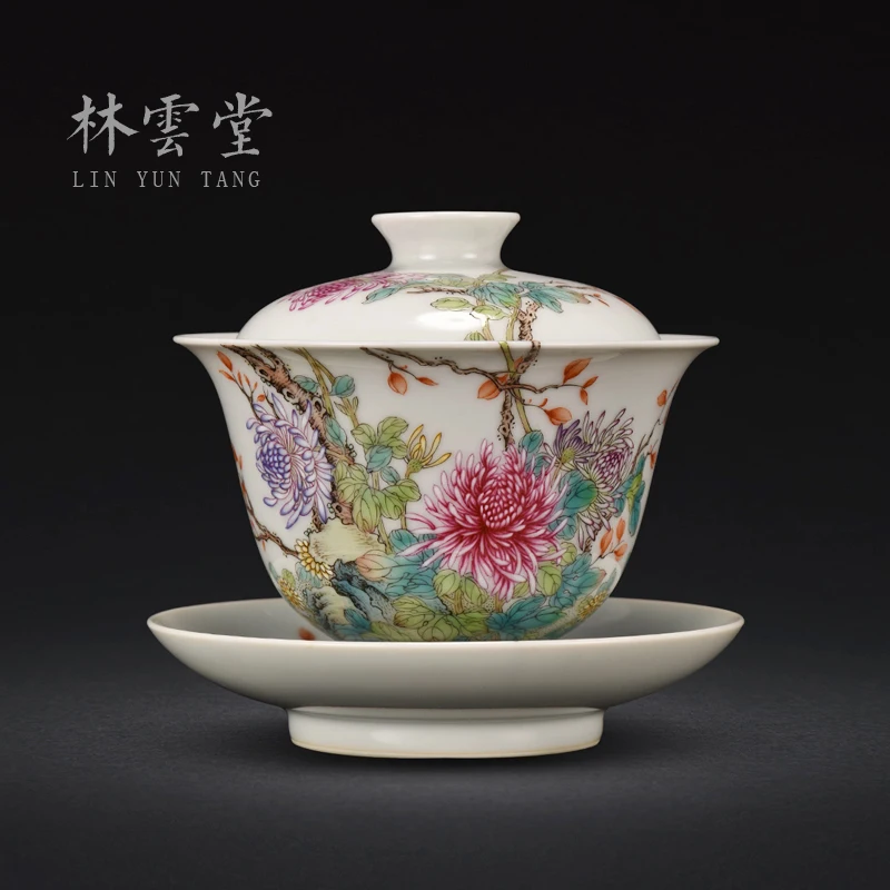 Lin Yuntang manual tureen tureen tea bowl jingdezhen hand-painted chrysanthemum tureen enamel pastel colors