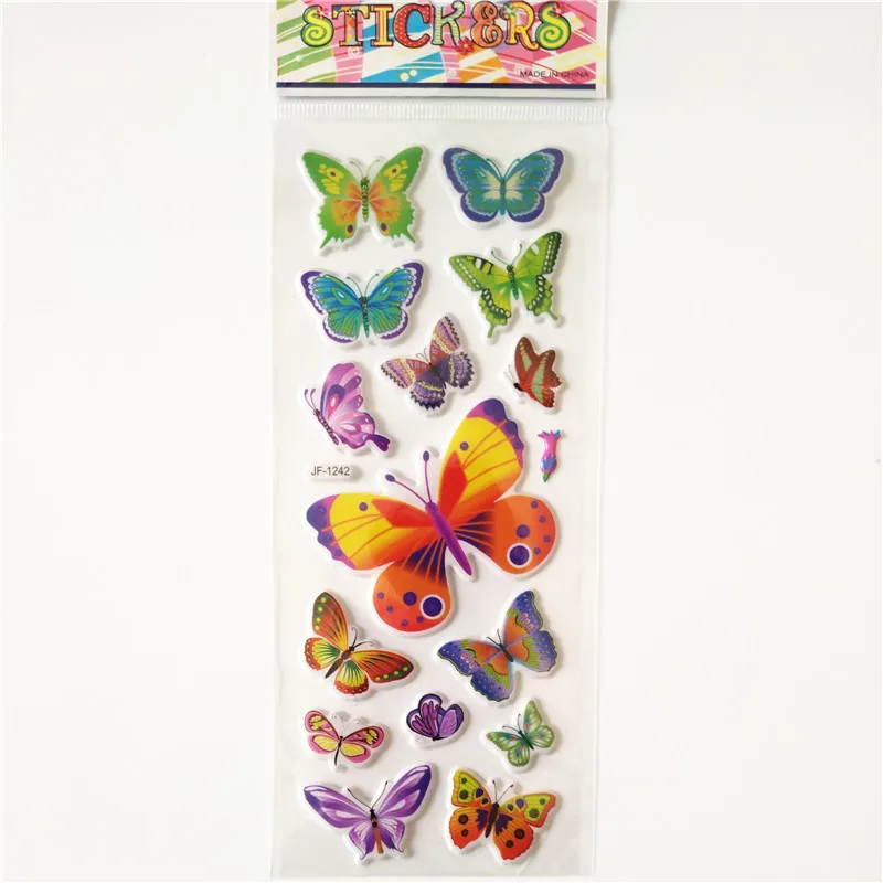 6 Sheets Hot Sale Beautiful Cute Multicolour Butterfly Stickers for Reward Kids Cute Cartoon Puffy Bubble Toys Stickers