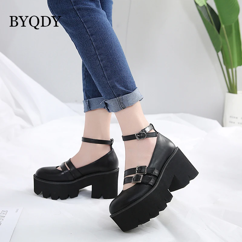 

BYQDY Student Mary Jane Shoes Woman Platform Chunky Heels Ankle Strap Pumps Women Thick Bottom Lolita Shoes Plus Size 42