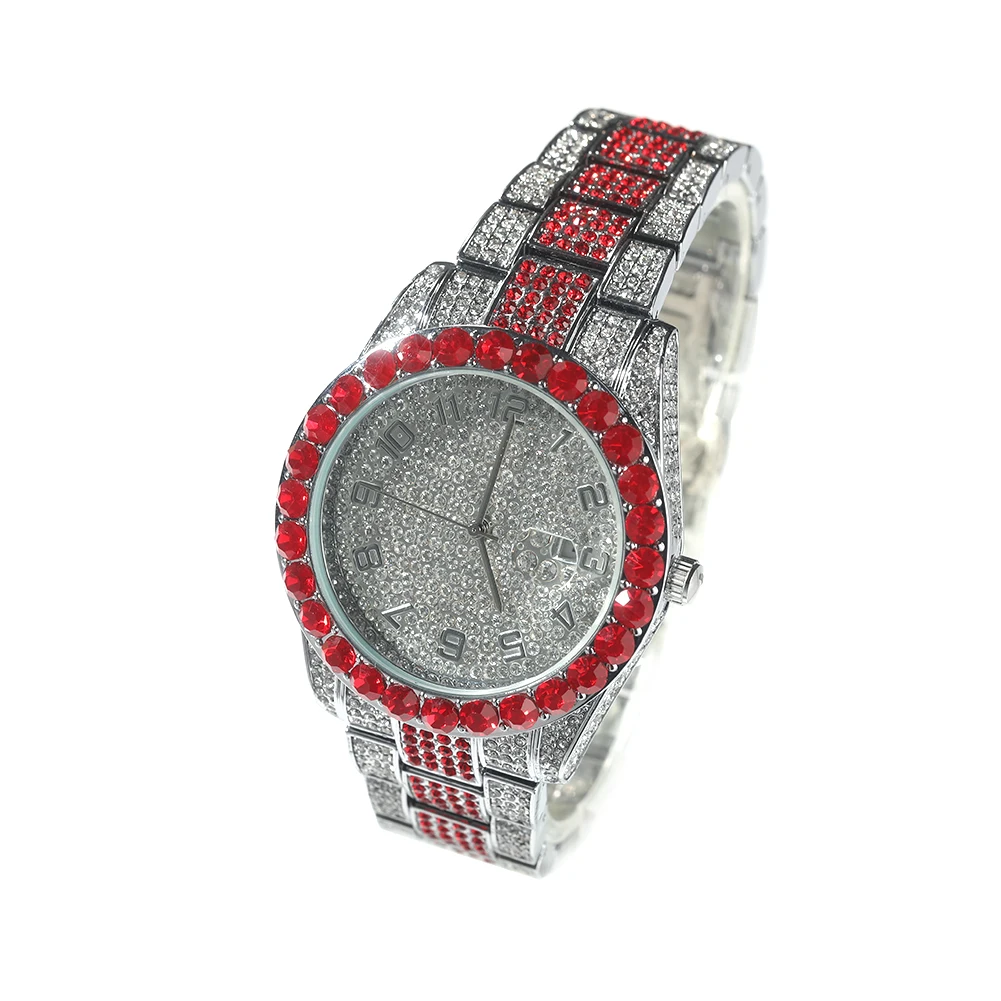 THE BLING KING Big Dial Watch Iced Out Red White Rhinestone Top Dual Calendar Men's Quartz Clock Luxury Waterproof Wrist Watch