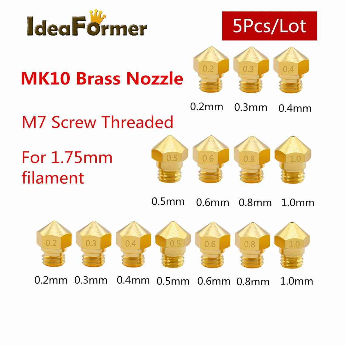 

5Pcs MK10 MK2 Brass Nozzle M7 Thread Bore 0.2/0.3/0.4/0.5/0.6/0.8/1.0mm For 1.75mm filament 3D Printer Extruder Print Head Part.