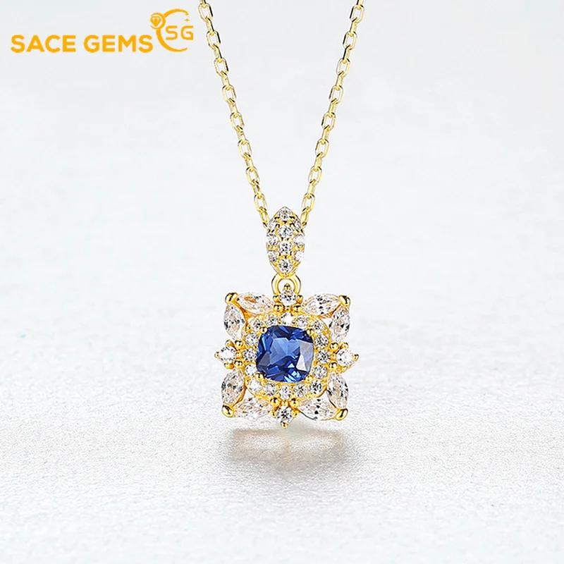 

SACE GEMS 925 Sterling Silver Blue Zircon Pendant for Women Retro Court Style Flower Necklace Plated with 18KGold Clavicle Chain