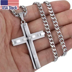 Goth Big Cross Pendant Necklace For Women Men Silver Color Stainless Steel Curb Cuban Link Chain Jesus Halloween Jewelry KP52