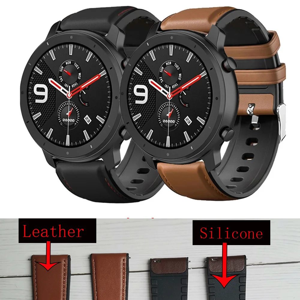 Leather+Silicone Bracelet For Amazfit GTR 47mm Wrist Strap For Xiaomi Amazfit Pace 1 / 2 Stratos For Huawei Watch GT 2 Watchband