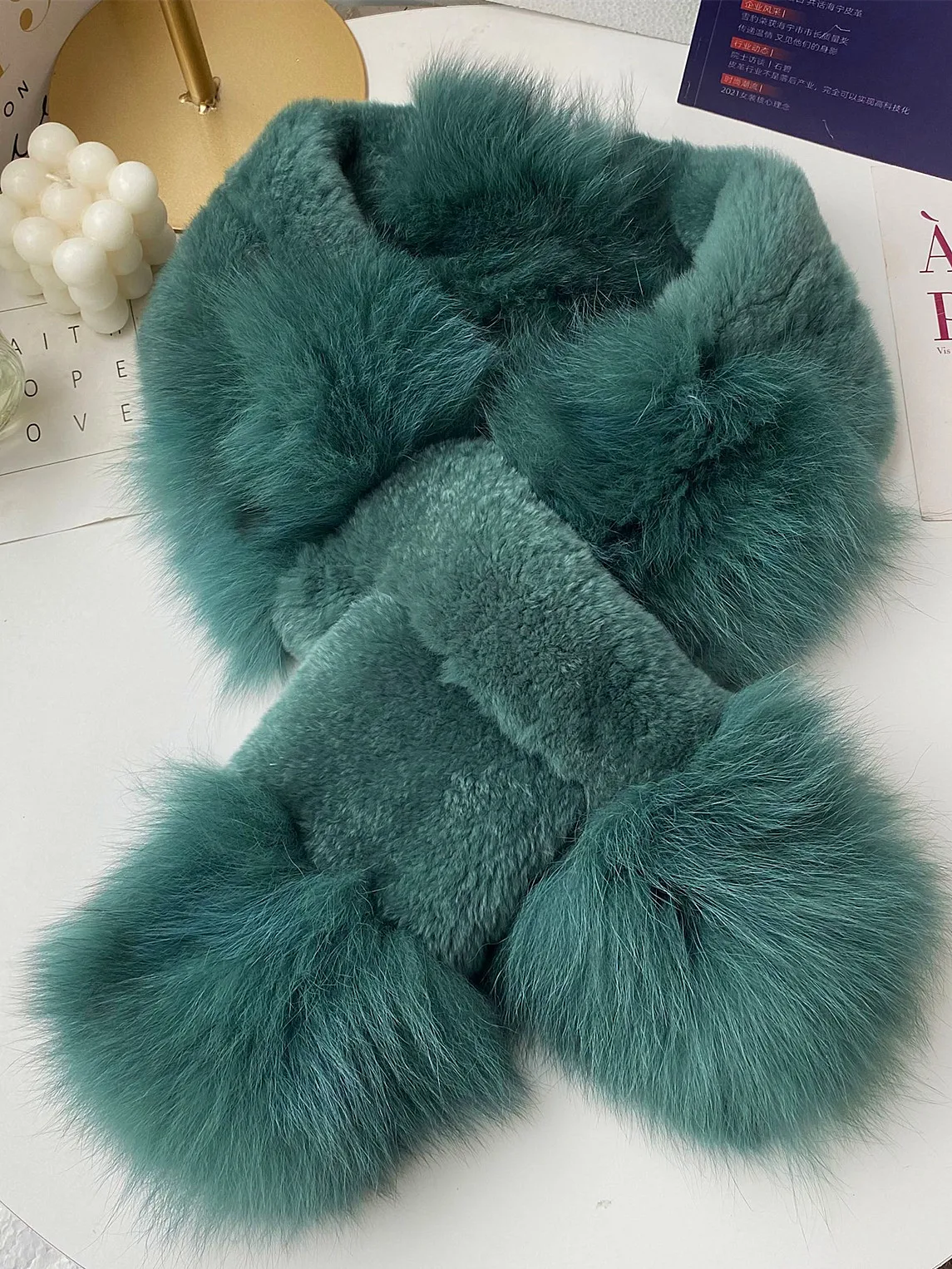 Winter Spring Ladie's Luxury Genuine Rex Rabbit Fur With Silver Fox Fur Trimmed Scarf