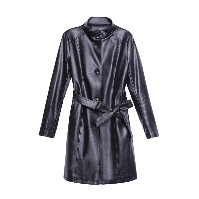 

New genuine Leather Girls Long 2020 Autumn Self-cultivation Stand Lead Code Suit-dress Skin Windbreaker Loose Freeshipping