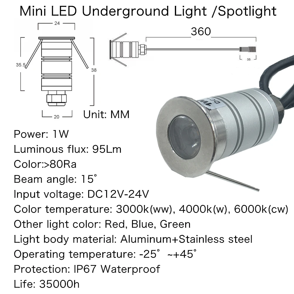 Outdoor 1W LED Spotlights 12V 24V 15 Degree Ground Spot Lamp Mini Underground Spot Light For Yard Garden Path Landscape Lighting