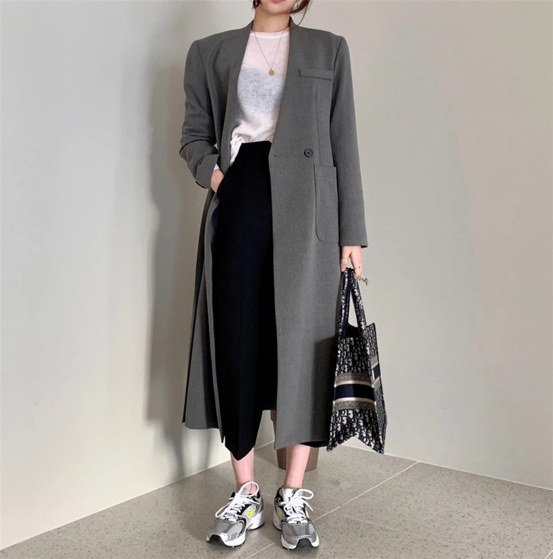 LMQ NEW 2020 new Fashion Casual Simple Classic Slim long suit coat Chic Business Jacket windbreaker suit collar office lady coat