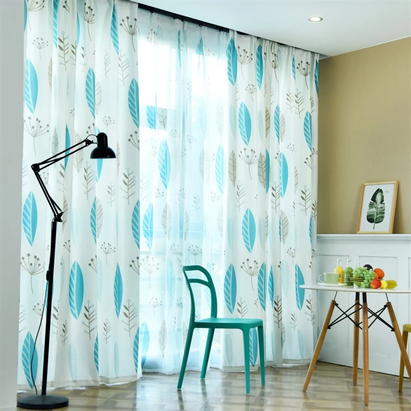 Yellow Gray Linen Curtains for Living Room Bedroom Print leaves curtain for kids Room Curtain Tulle sheer