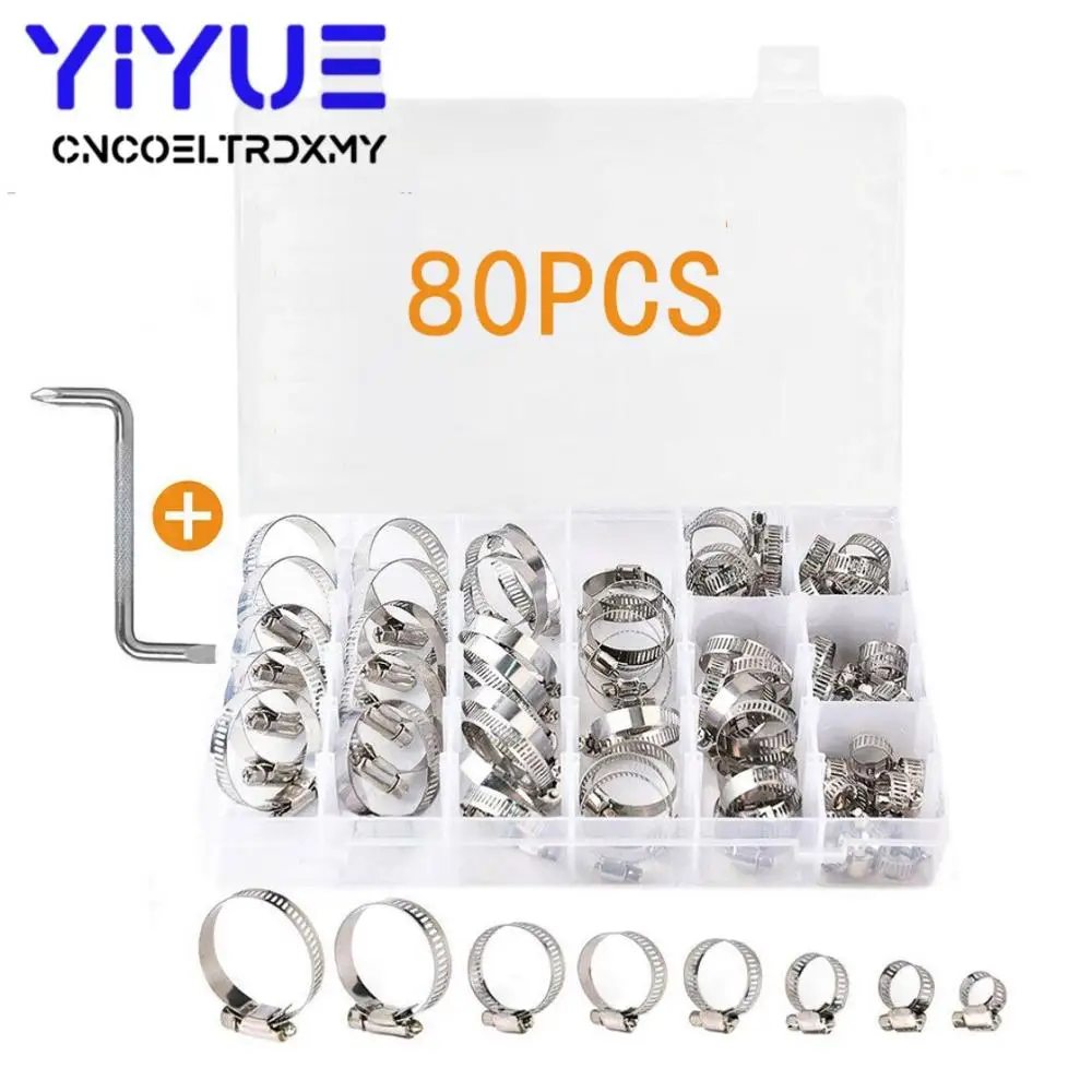 

80Pcs Hose Clamp 8-44mm Stainless Steel Adjustabl Fuel Clamp Worm Drive Fuel Water Hose Pipe Clamps Clips