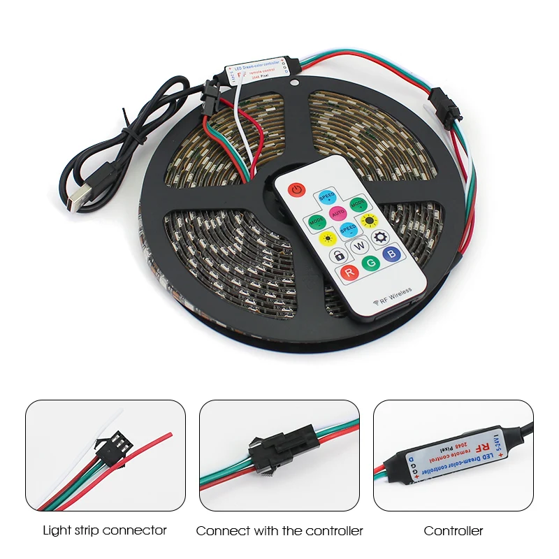 USB RGB WS2812 LED Strip 60LED/M 30LED/M SMD5050 Beralamat LED Pixel Tape 14 Tombol Remote Control DC5V Full Dream Color RGB