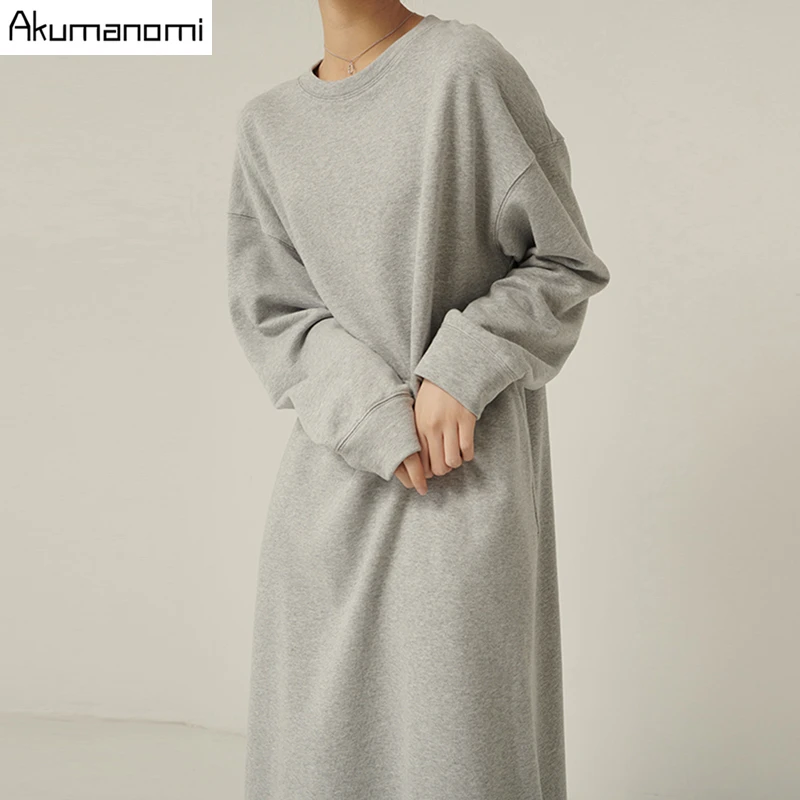 autumn spring plus size maxi dresses for women 2020 xxxl 4xl 5xl 6xl 7xl gray o neck long sleeve Casual fall dress with pockets