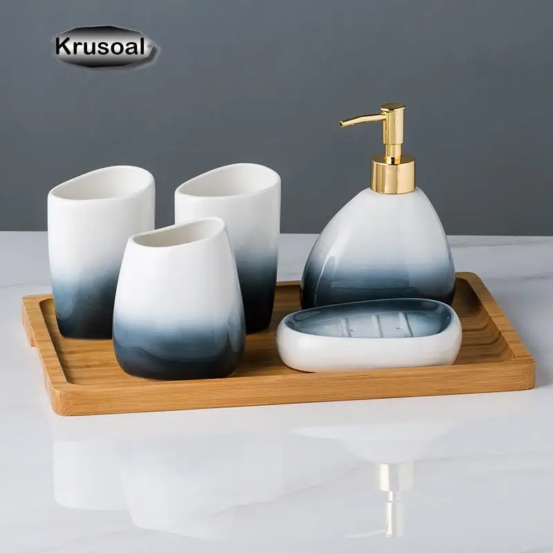 Ceramic Bathroom Accessories Sets Gradient Lotion Dispenser Pump Bottle Toothbrush Holder Mouthwash Cup Soap Dish Washing Tools