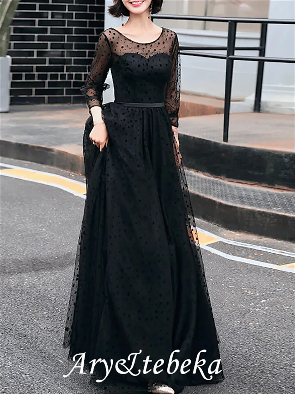 Gaun Malam Formal Tamu Pernikahan Boho Elegan A-Line Tulle Leher Permata dengan Selempang/Pita Lipit Polka Dot 2021