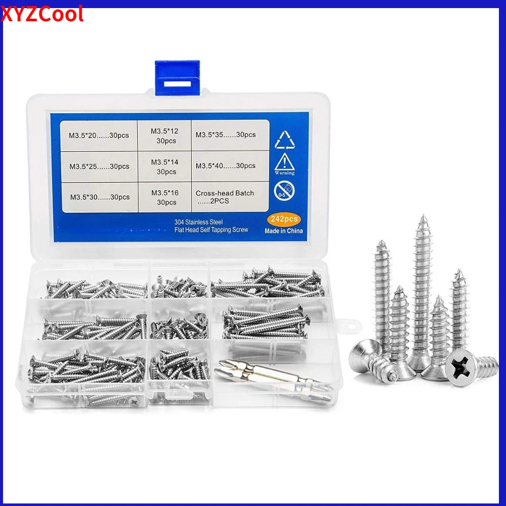 

242Pcs M3.5 Screw Set Stainless Steel Flat Head Screw Self-tapping Screw Phillips Wood Screws Kit Screw Thread