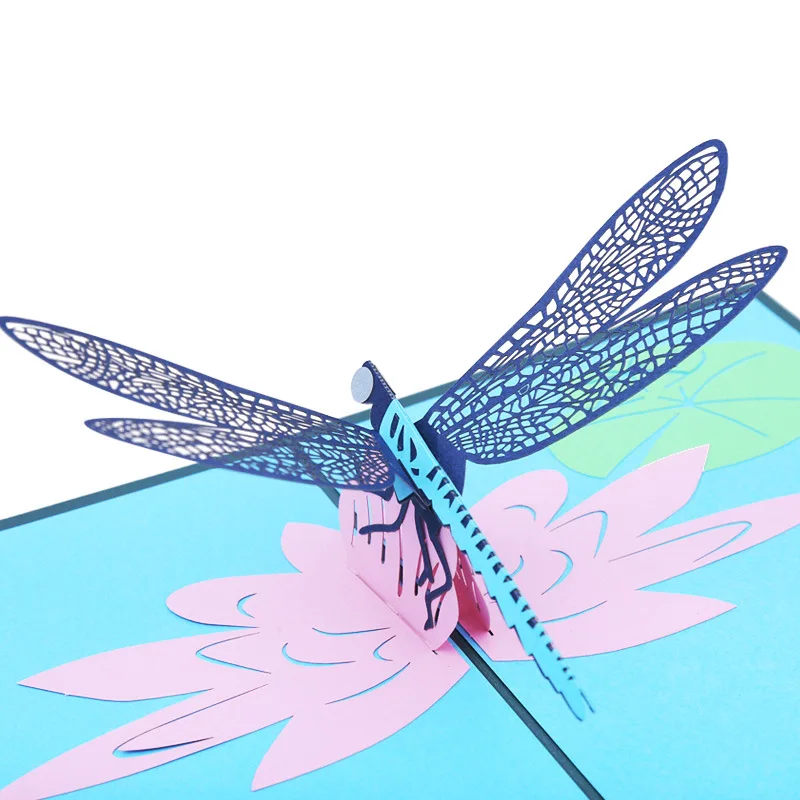 10pcs 3D Dragonfly Standing in the Flower Handmade Kirigami Origami Wedding Party Invitation Greeding Birthday Card Postcard