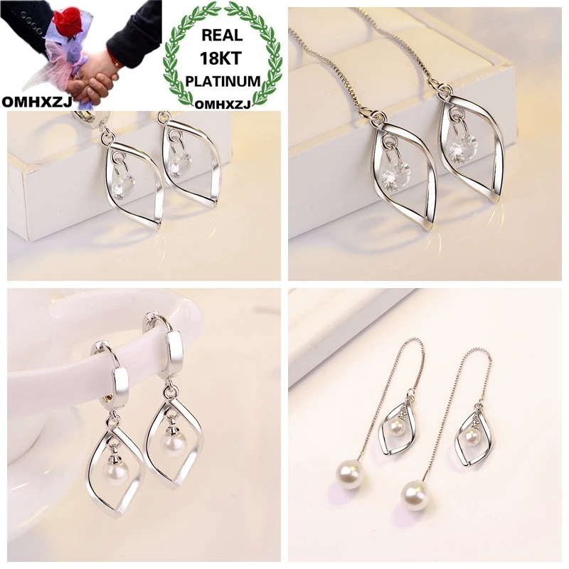 OMHXZJ Wholesale European Fashion Woman Party Birthday Wedding Gift Pearl Zircon 18KT White Gold Drop Earrings Ear Lines EA493