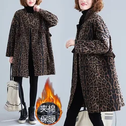 Leopard Print Women's Jacket Autumn Winter Mid-Long Blended Woolen Quilted Keep Warm Coat Fashion Ladies Woolen  Outerwear 2022