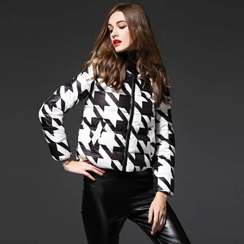 

Fashion Houndstooth White Down jacket Women New Winter European Style Plus Size Short Design Light Down Coat s1842