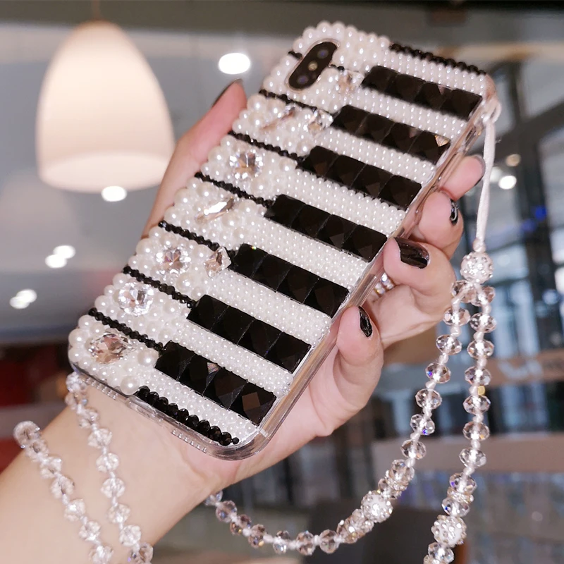 

Pearl Diamond Music Black White Piano Key Crystal Chain Case Cover For Samsung Galaxy Note 20 10 9 8 S21 S20 Ultra S10/9/8 Plus