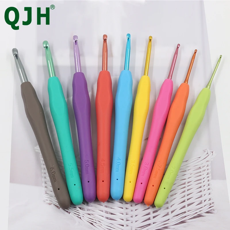 

9 Pcs Color Soft Plastic Solid Handle Alumina Crochet Needle Set 2.0-6.0 mm Crochet Sewing Needle Tool, Craft Yarn