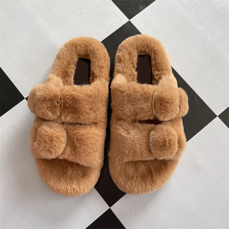 Winter Faux Fur Slippers Warm Fluffy Slippers Shoes For Women Indoor Floor Slides Flat Soft Furry Ladies Female Outdoor Slippers