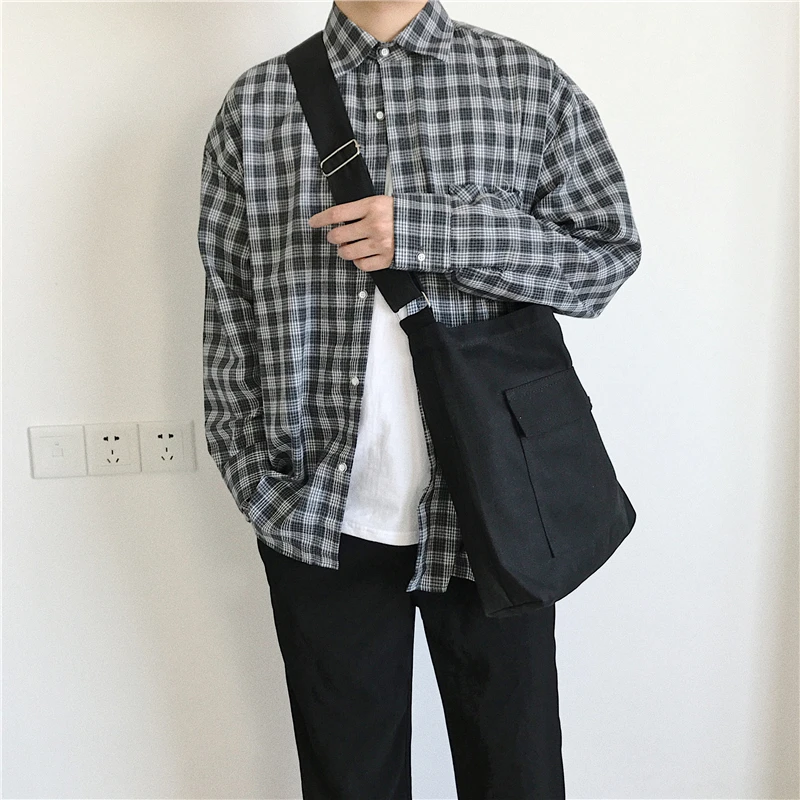 Large Capacity Messenger Bags Men Solid Black Preppy Couples Canvas Eco-friendly Ins Old Fashion Crossbody Harajuku Simple Bolsa