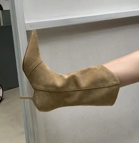 

Dipsloot New Khaki Black Cow Suede Pointed Toe Mid-calf Boots Woman 65 mm Thin Heels Slip On Loose Tube Short Botas Boots