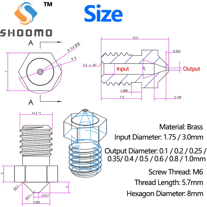 SHOOMO 3D Printer Extruder Brass Nozzles Print Head for 1.75mm 3.0mm Filament E3D V5 V6 Anet 8 Anycubic i3