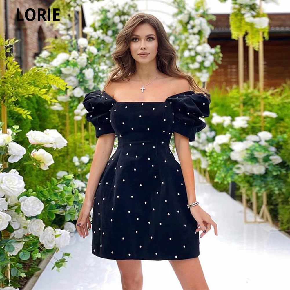 Lorie simples bolinhas preto cocktail vestidos puff mangas curtas strapless cetim mini formatura vestidos moderno vestido de festa formatura