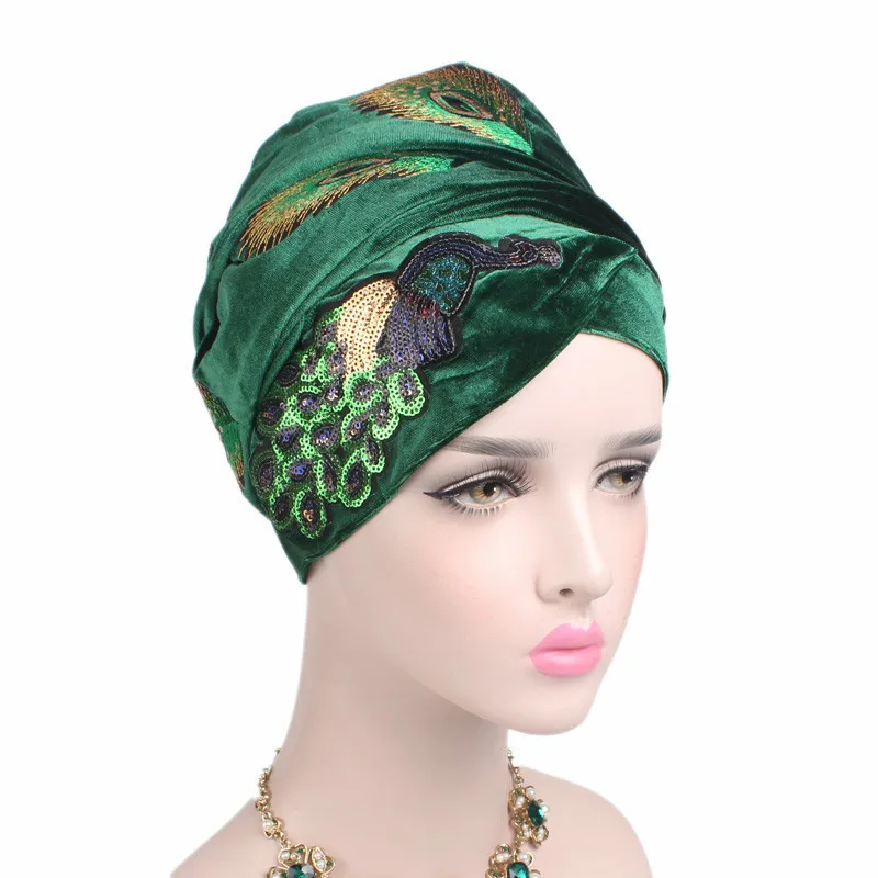 

Velvet Hijab Head Scarf for Women Sequins Peacock Turban Hat Muslim Headscarf Ladies African Wrap Head Scarves Turbante