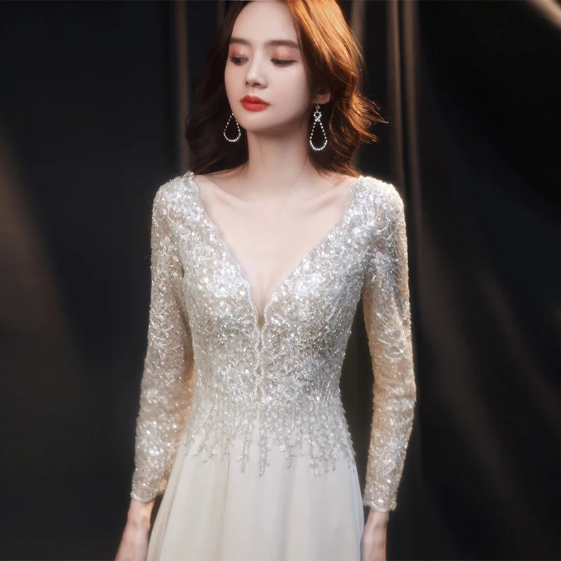 

Elegant Evening Dress 2021 New Fashion Full Sleeve Sexy V-neck Prom Dress Sequins a Line Banquet Party Dress Vestido De Festa