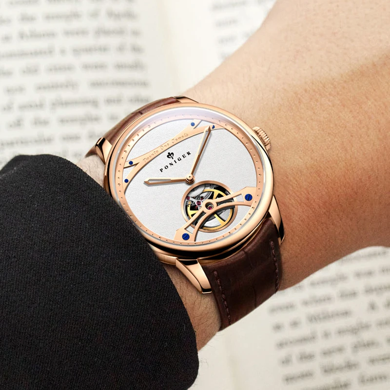 PONIGER 남자 시계 미니멀리스트 중공 해골 고품질 자동 기계식 무브먼트 손목 시계 사파이어 방수 시계