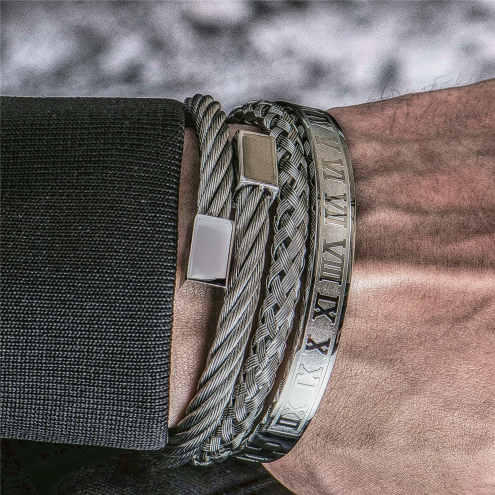 Luxury Roman Number Charm Woven Stainless Steel Bracelet Hip Hop Men Jewelry Gold Color Jewelry For  Men Pulseira Bileklik image 6