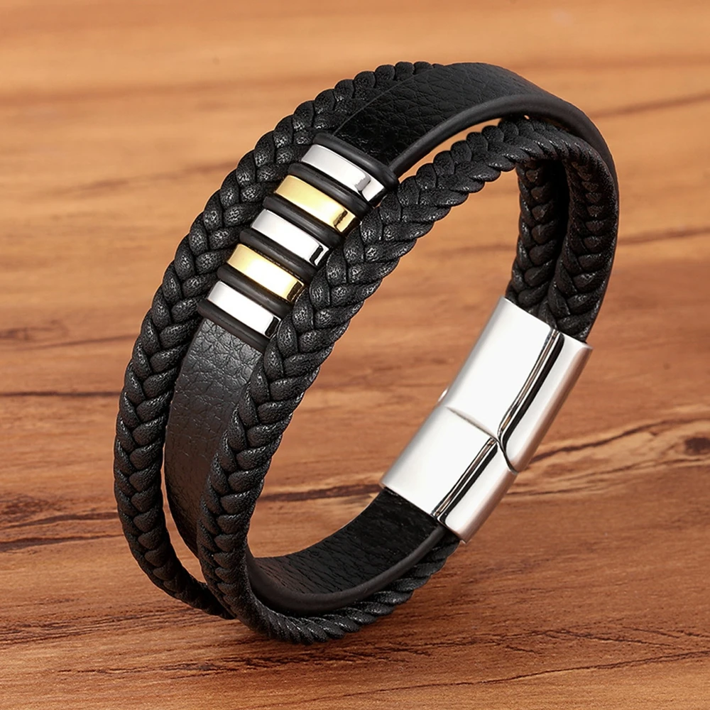 XQNI Multi-layer 4 color Selection Hand-woven Accessories Combination Men Stainless Steel Leather Bracelet Valentine\'s Day Gift