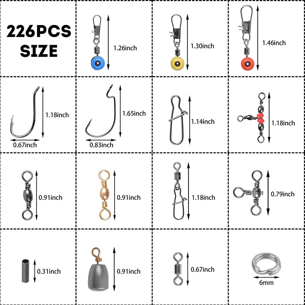 226Pcs/Box Fishing Swivel Kit Hooks Swivels Snap Iron Drop Shot Sinker Weights Split Rings Fishing Terminal Tackle Accessories